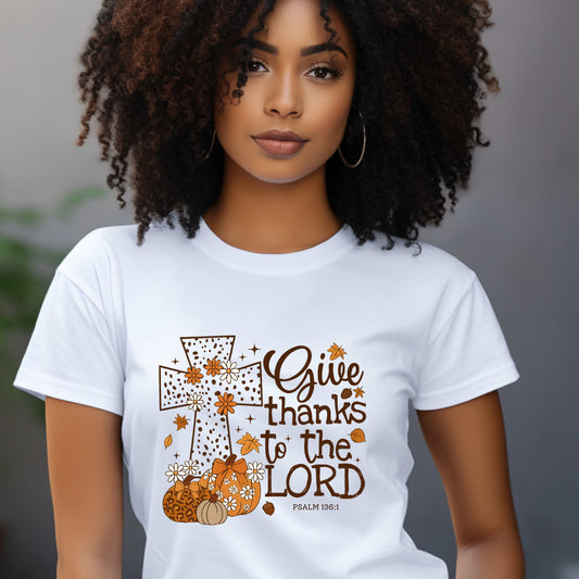 🍂 Give Thanks to the Lord – Psalm 136:1 | Fall Faith T-Shirt