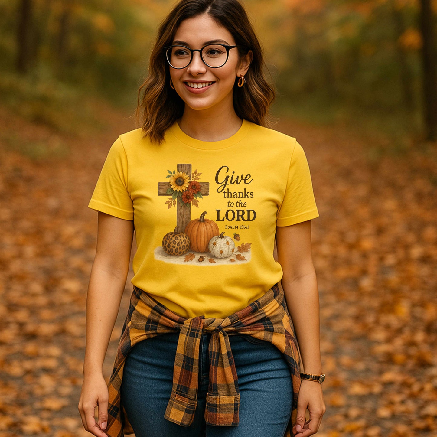 Give Thanks to the Lord – Psalm 136:1 | Fall Pumpkin & Cross T-Shirt