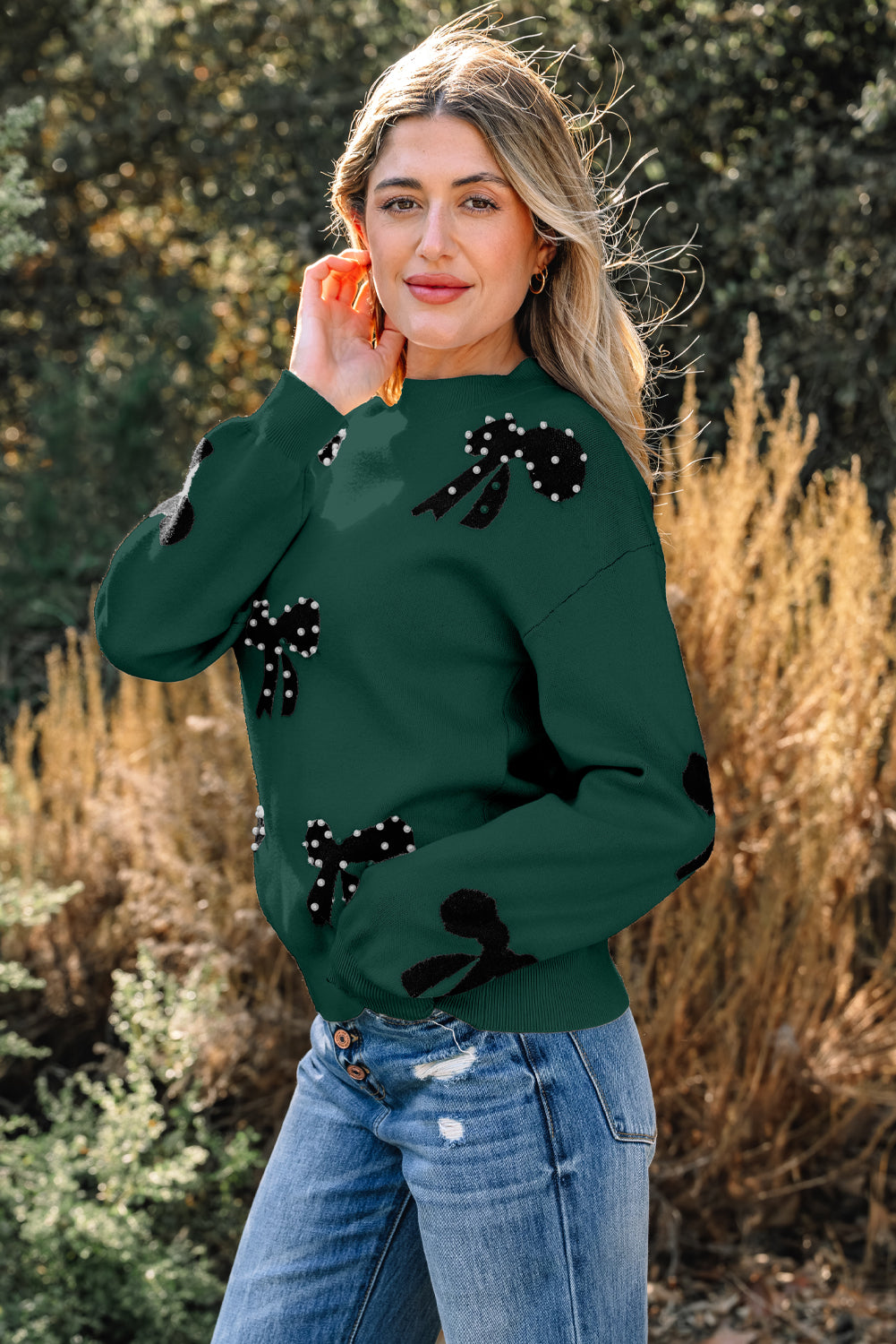 Gracefully Adorned Pearl Bow Sweater