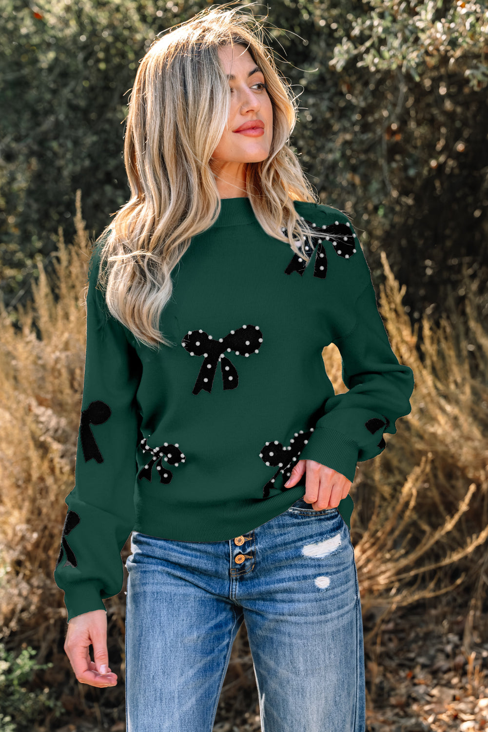 Gracefully Adorned Pearl Bow Sweater