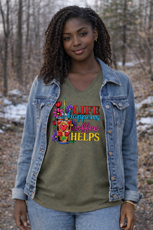 Life Happens, Coffee Helps – Faith & Joy V-Neck Tee