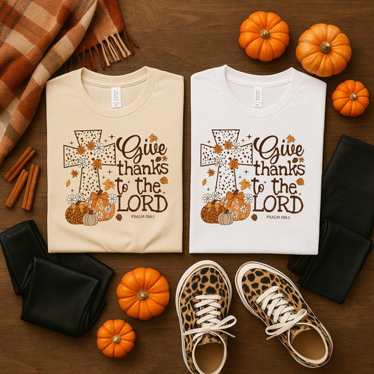 🍂 Give Thanks to the Lord – Psalm 136:1 | Fall Faith T-Shirt