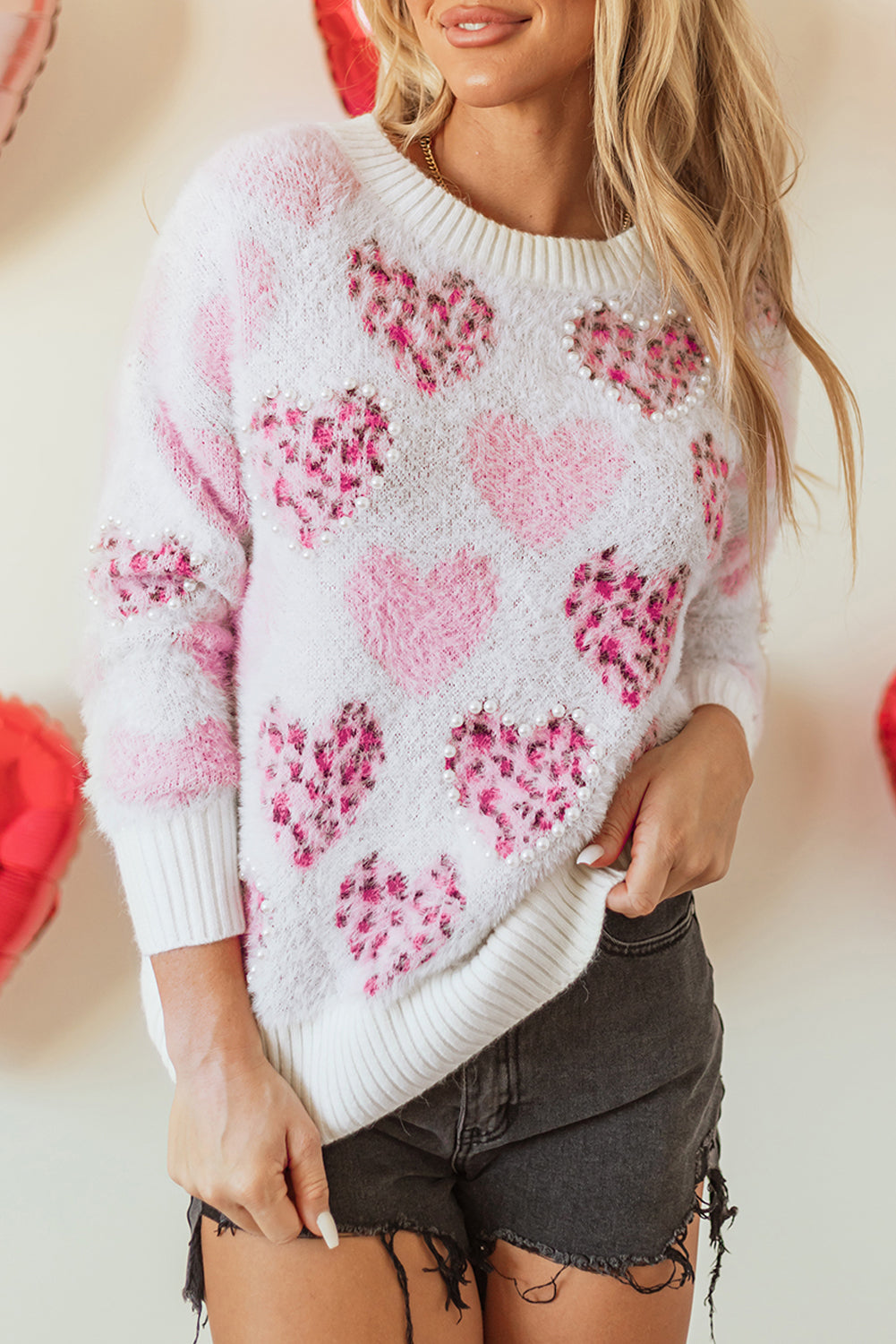 Loved & Chosen Pearl Heart Fuzzy Sweater