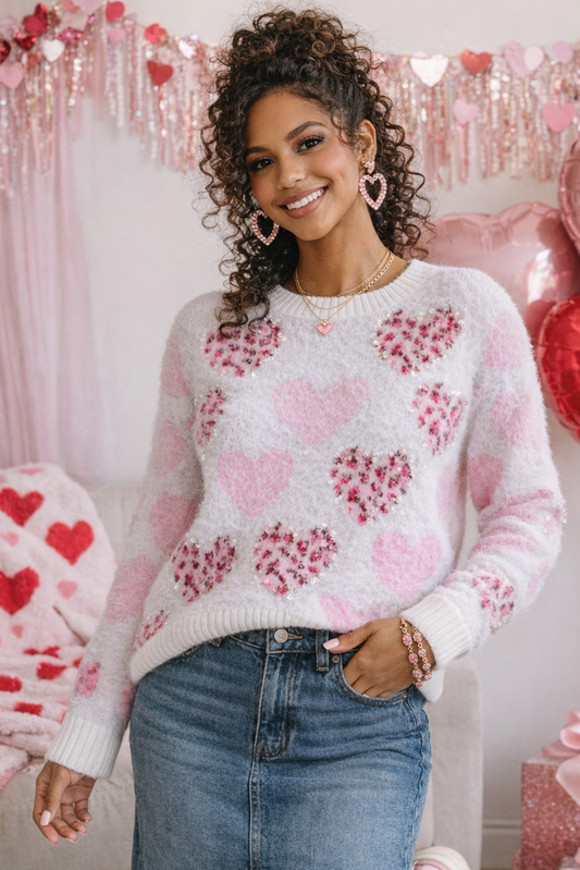 Loved & Chosen Pearl Heart Fuzzy Sweater